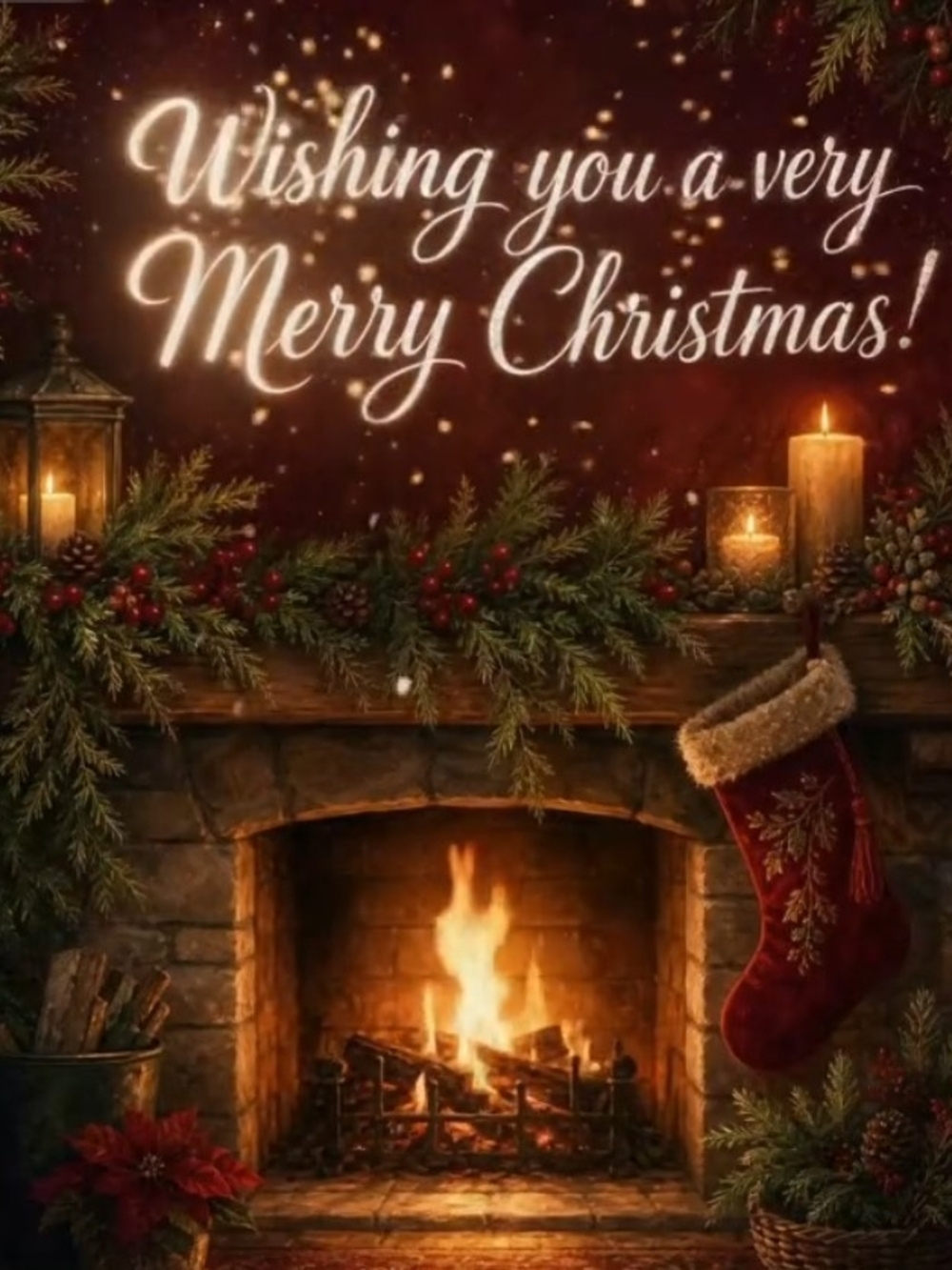 Merry Christmas Red Holiday Fireplace Wall Art